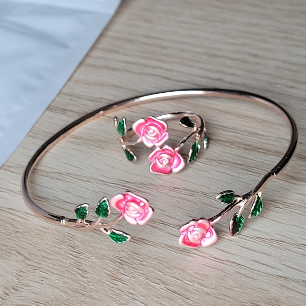New!Pink Rose Bracelet And Ring Set